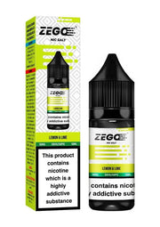 A bottle of Zego Nic Salt E-Liquid with Lemon & Lime flavor, alongside its packaging that highlights the nicotine content and flavor. The packaging is predominantly green and black with text and graphics emphasizing the product's attributes.